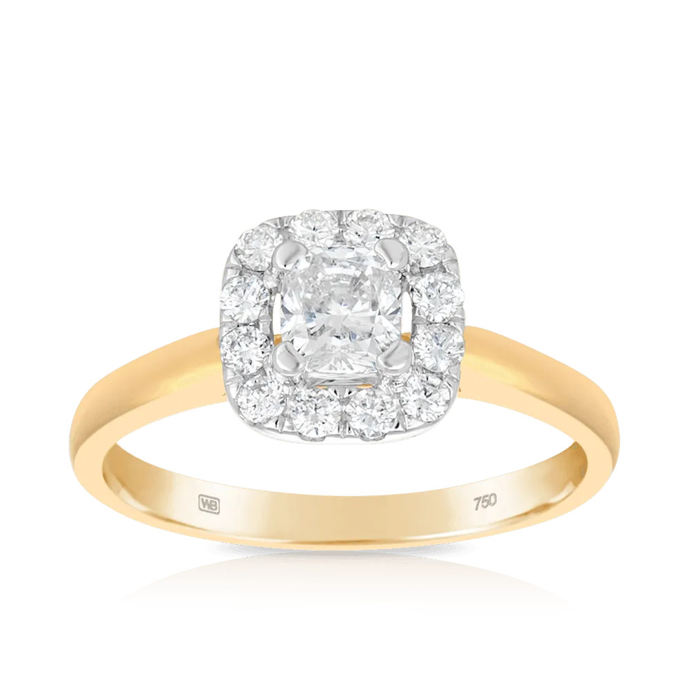 0.75ct TW Diamond Square Halo Engagement Ring in 18ct Yellow Gold