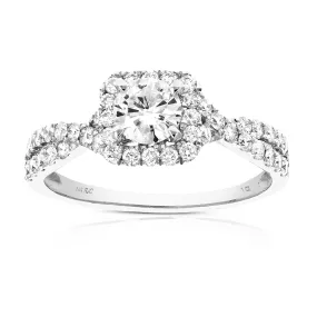 1 cttw Halo Criss Cross Diamond Engagement Ring in 14K White Gold