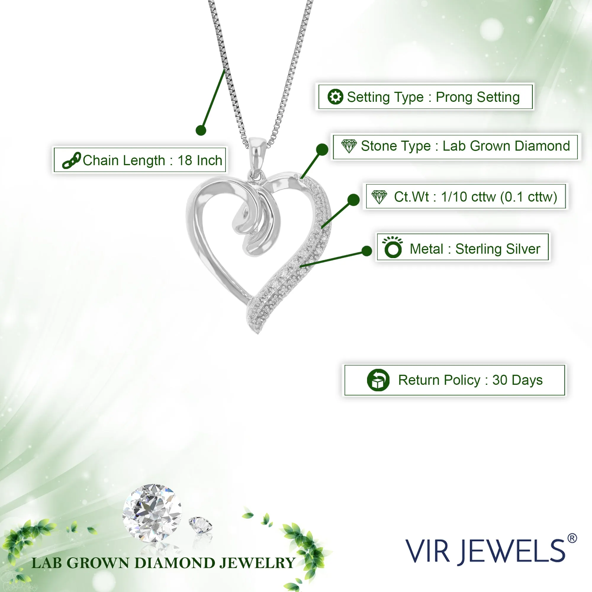 1/10 cttw Lab Grown Diamond Heart Love Pendant in Sterling Silver