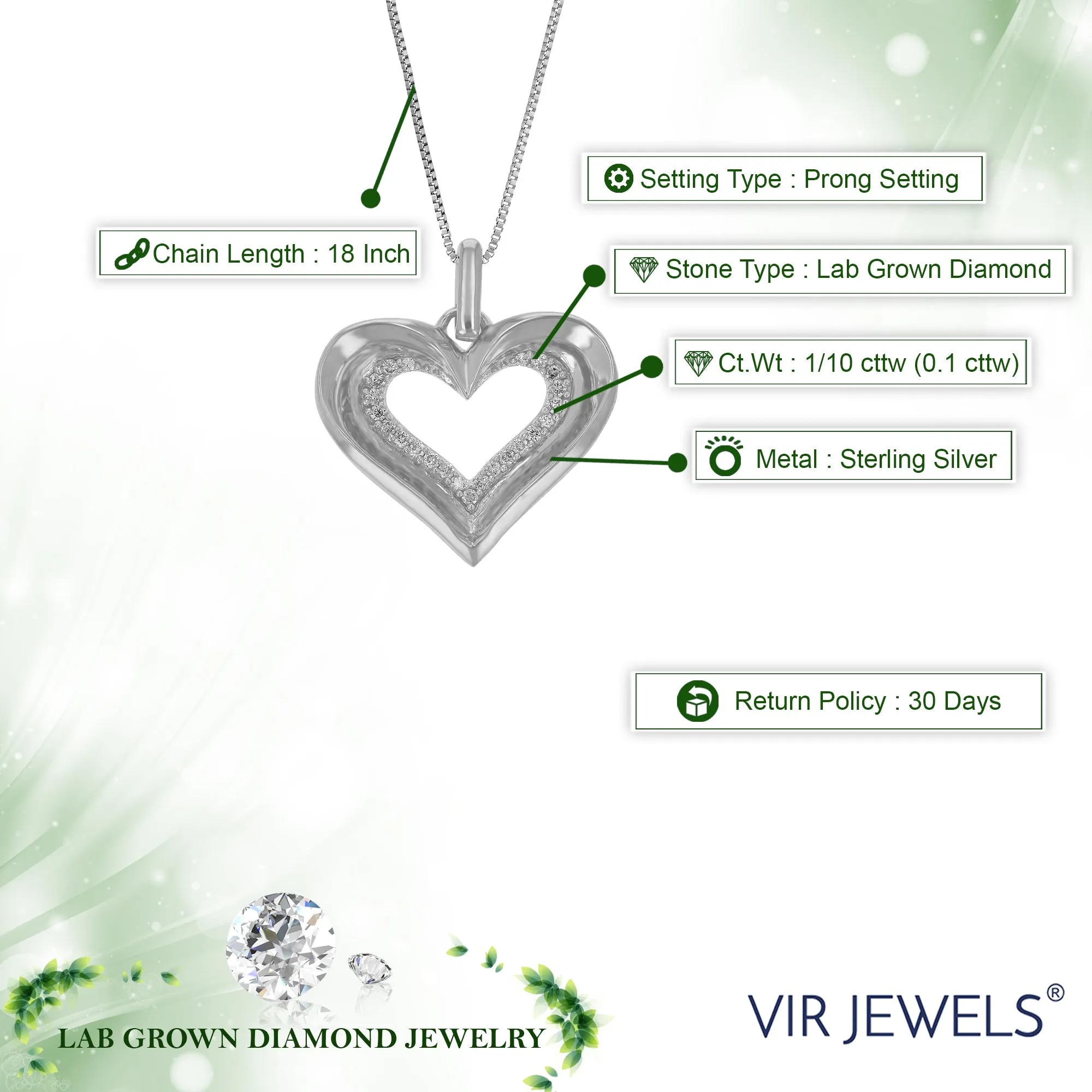 1/10 cttw Lab Grown Diamond Heart Pendant in .925 Silver