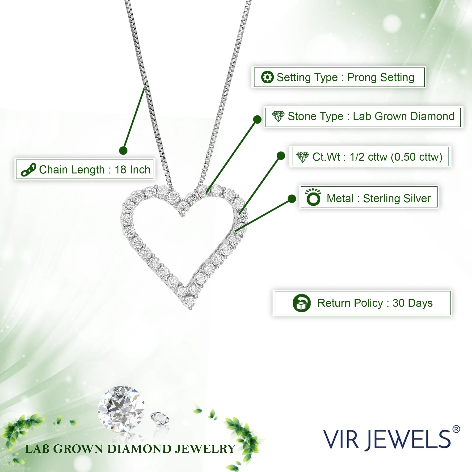 1/2 cttw Lab Grown Diamond Heart Pendant Necklace Sterling Silver