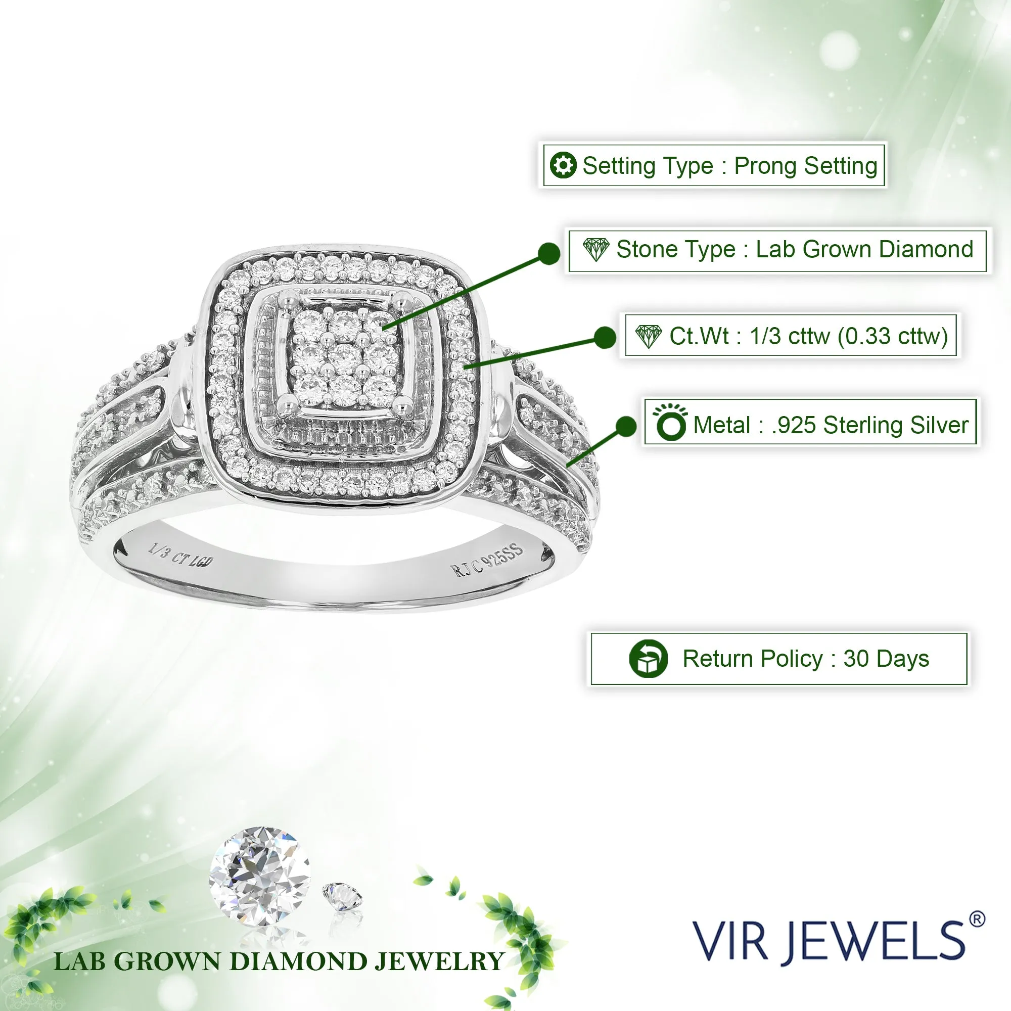 1/3 cttw Lab Grown Diamond Cushion Engagement Ring Sterling Silver