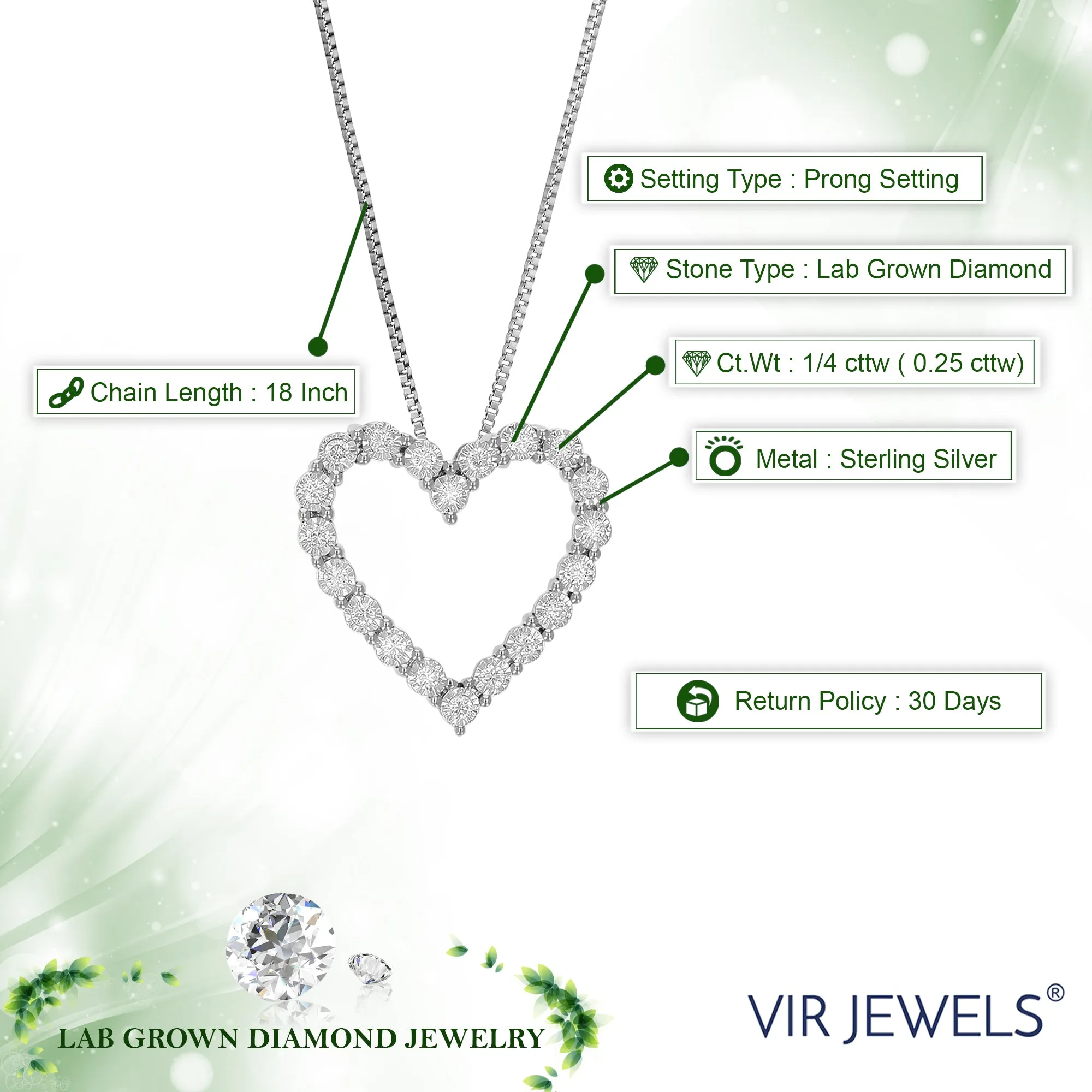 1/4 cttw Lab Grown Diamond Heart Pendant Necklace Sterling Silver