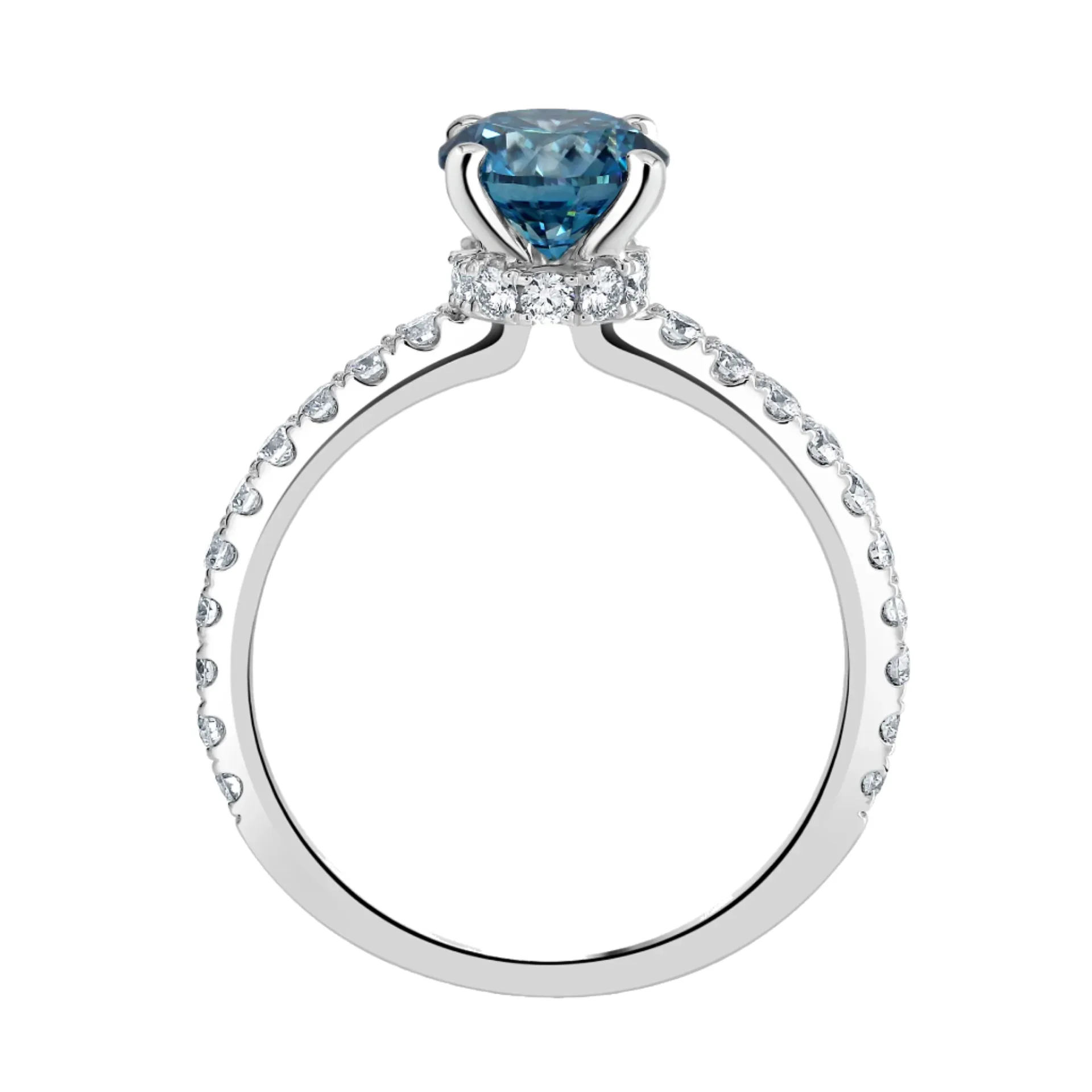 1.47ctw Lab Grown Emerald Cut Blue Diamond Ribbon Halo Engagement Ring