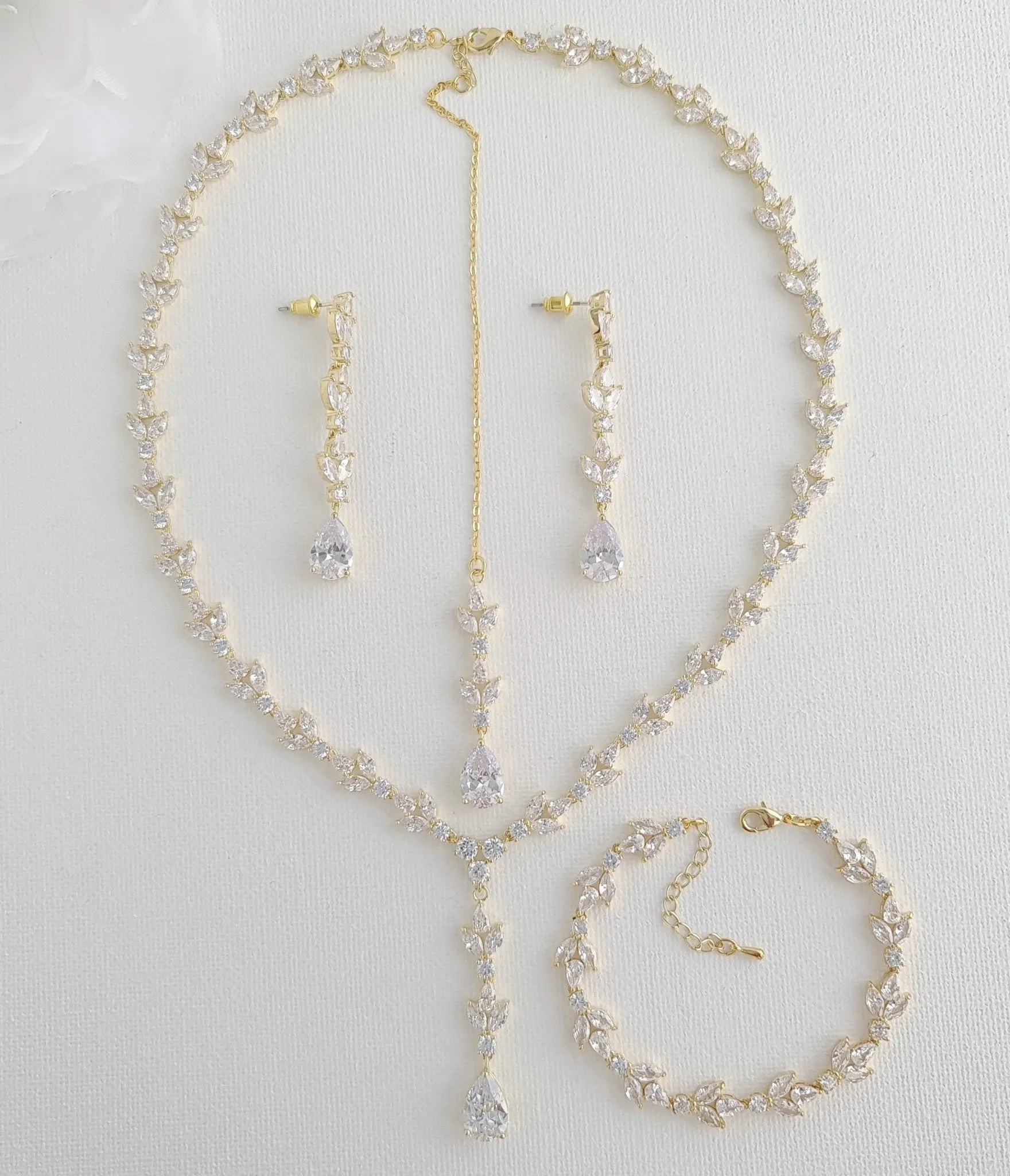 14k Gold & Cubic Zirconia Necklace Bracelet Earring Set for Wedding-Anya