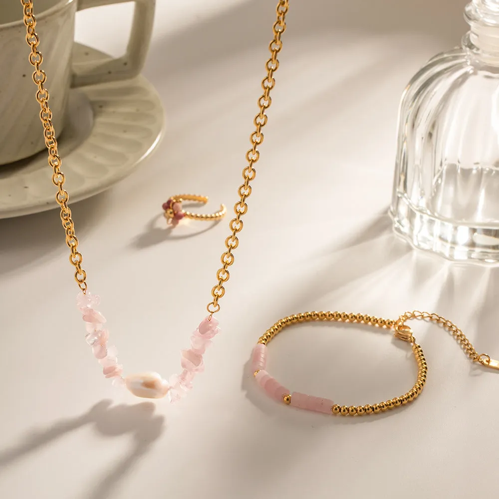 18K Gold Exquisite Fashion Inlaid Rose Quartz Baroque Pendant Design, Necklace and Bracelet (SOLD SEPARATELY)