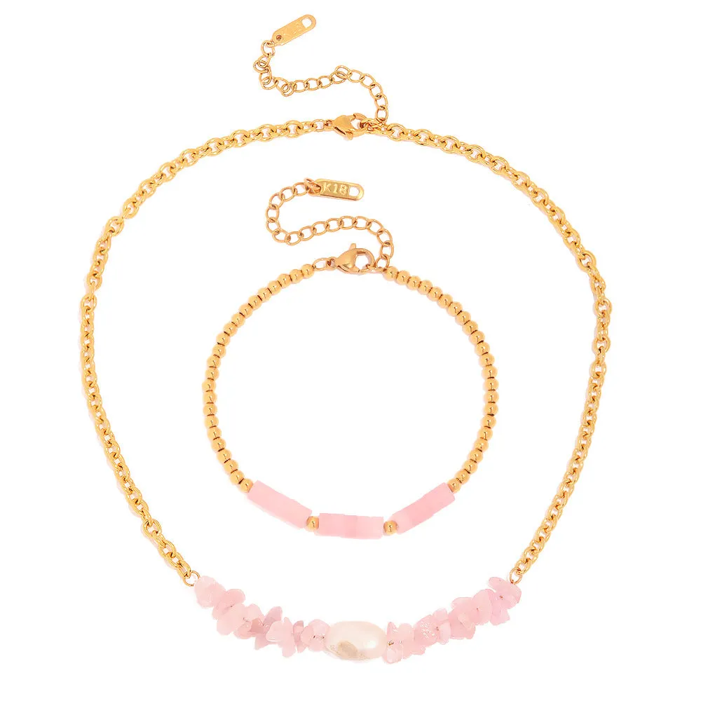 18K Gold Exquisite Fashion Inlaid Rose Quartz Baroque Pendant Design, Necklace and Bracelet (SOLD SEPARATELY)