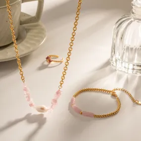 18K Gold Exquisite Fashion Inlaid Rose Quartz Baroque Pendant Design, Necklace and Bracelet (SOLD SEPARATELY)