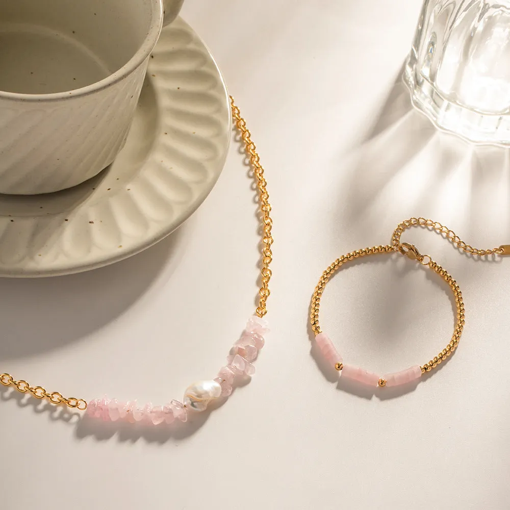18K Gold Exquisite Fashion Inlaid Rose Quartz Baroque Pendant Design, Necklace and Bracelet (SOLD SEPARATELY)