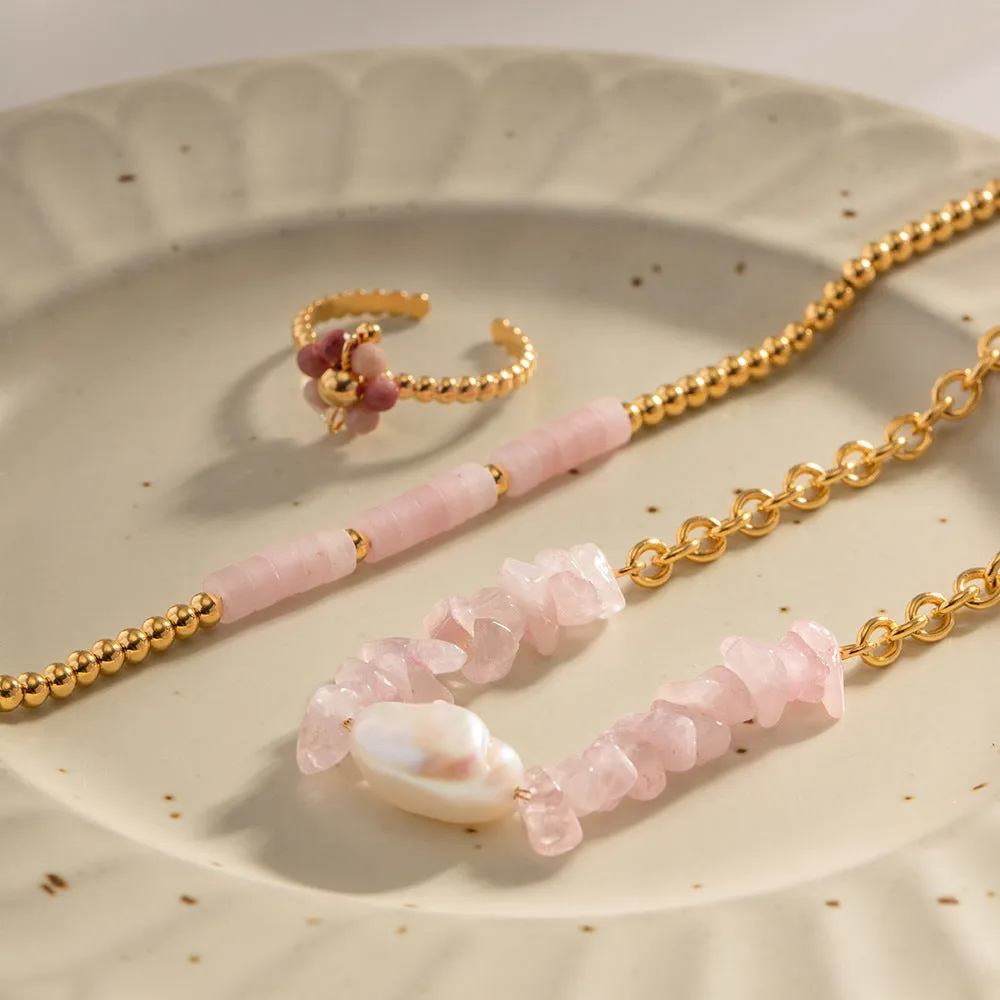 18K Gold Exquisite Fashion Inlaid Rose Quartz Baroque Pendant Design, Necklace and Bracelet (SOLD SEPARATELY)
