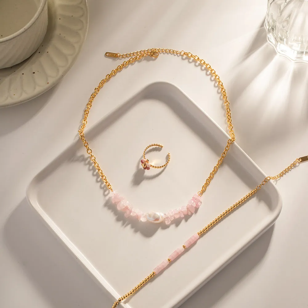 18K Gold Exquisite Fashion Inlaid Rose Quartz Baroque Pendant Design, Necklace and Bracelet (SOLD SEPARATELY)