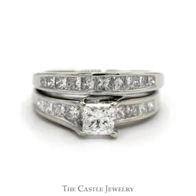 2cttw Princess Cut Diamond Bridal Set with Accented Sides and Matching Soldered Diamond Band in 14k White Gold