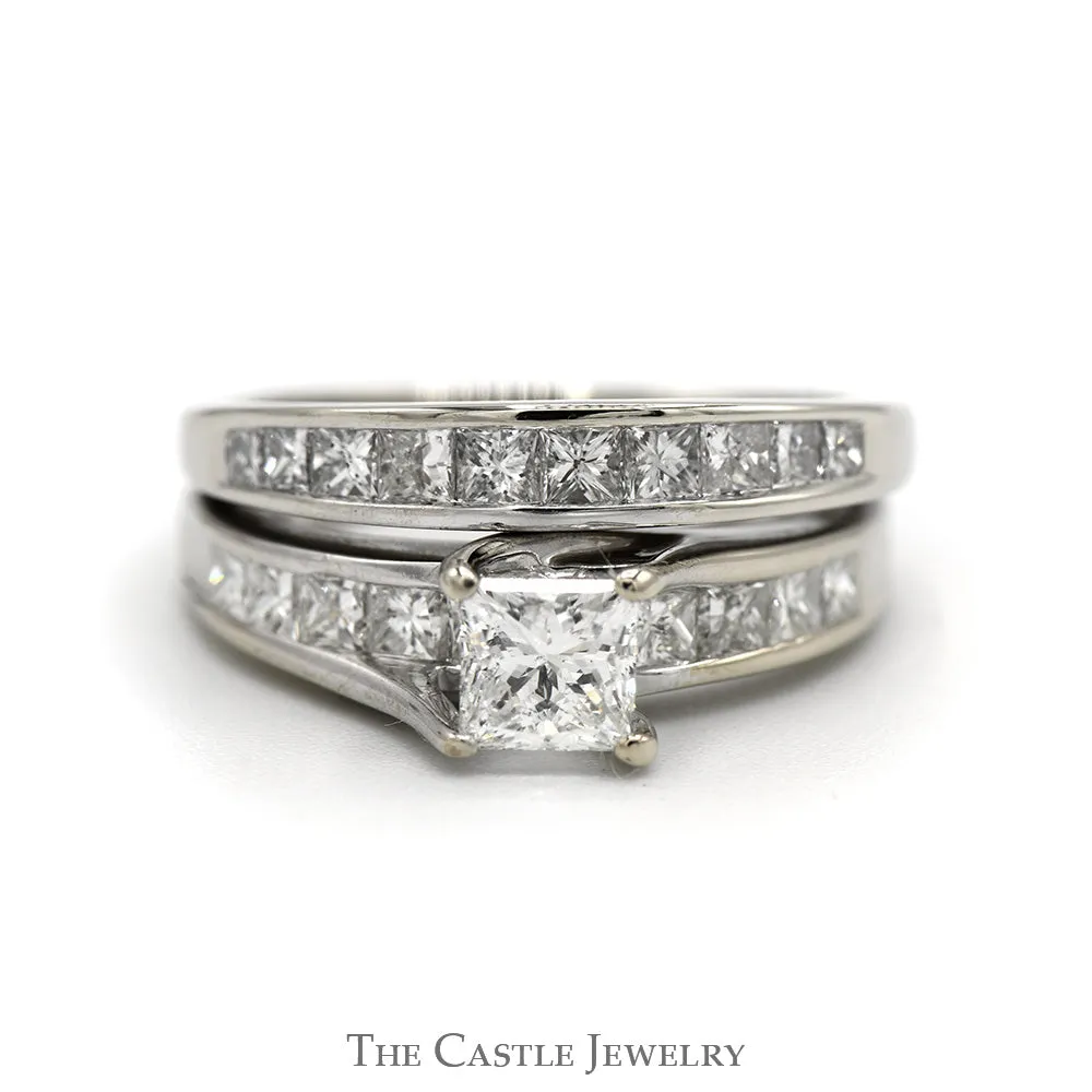2cttw Princess Cut Diamond Bridal Set with Accented Sides and Matching Soldered Diamond Band in 14k White Gold