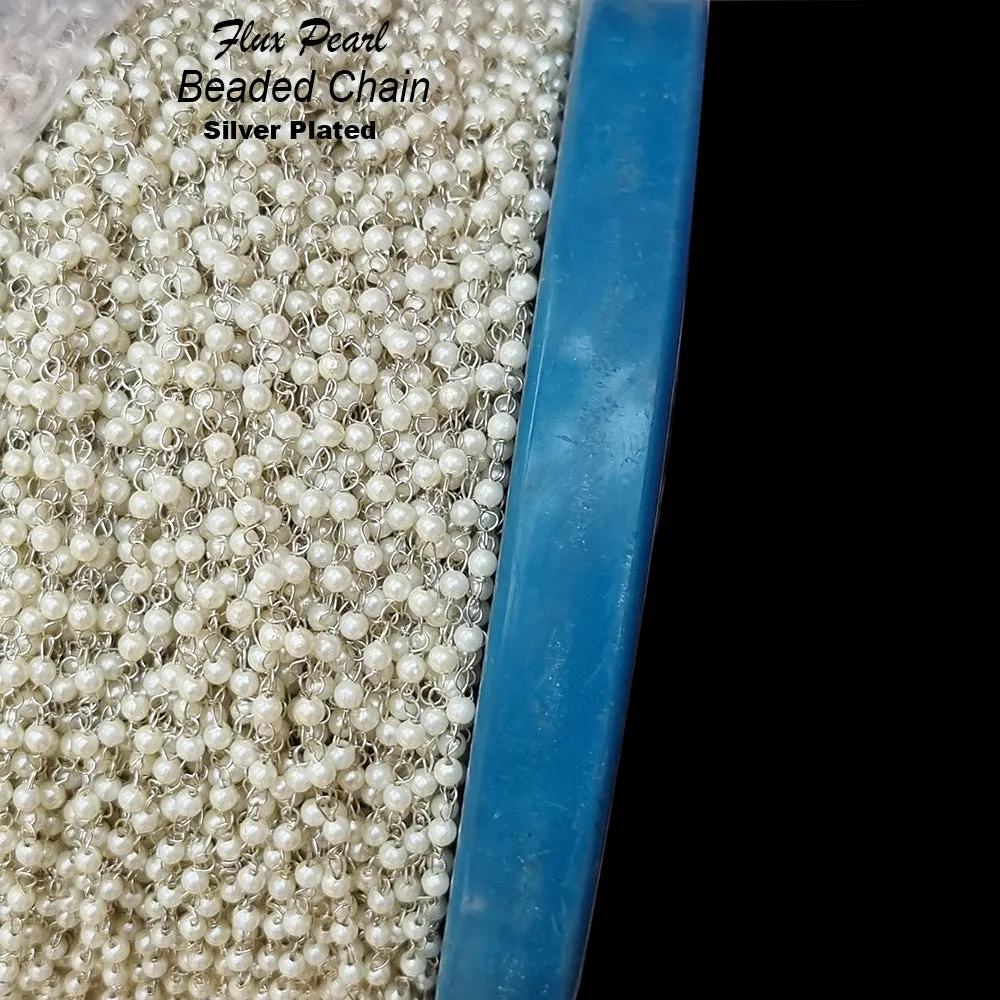 5 Meters Pkg. Beaded Pearl Chain Silver wire polished, the beads size 3mm