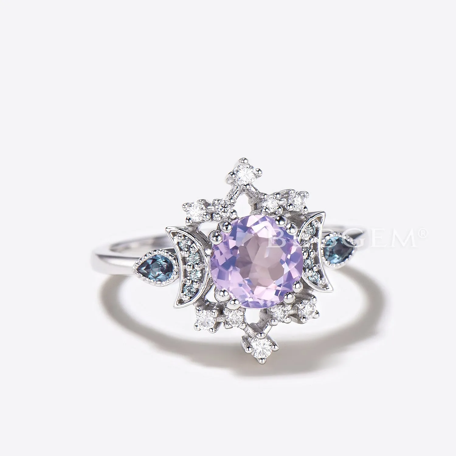 7mm Natural Lavender Amethyst Wedding Ring Art Deco Alexandrite Diamond Ring