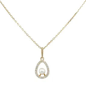 9ct Yellow Gold Cz Set Teardrop & Pearl Pendant