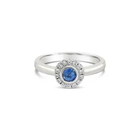 9k White Gold Bezel Set Sapphire & Diamond Halo Ring