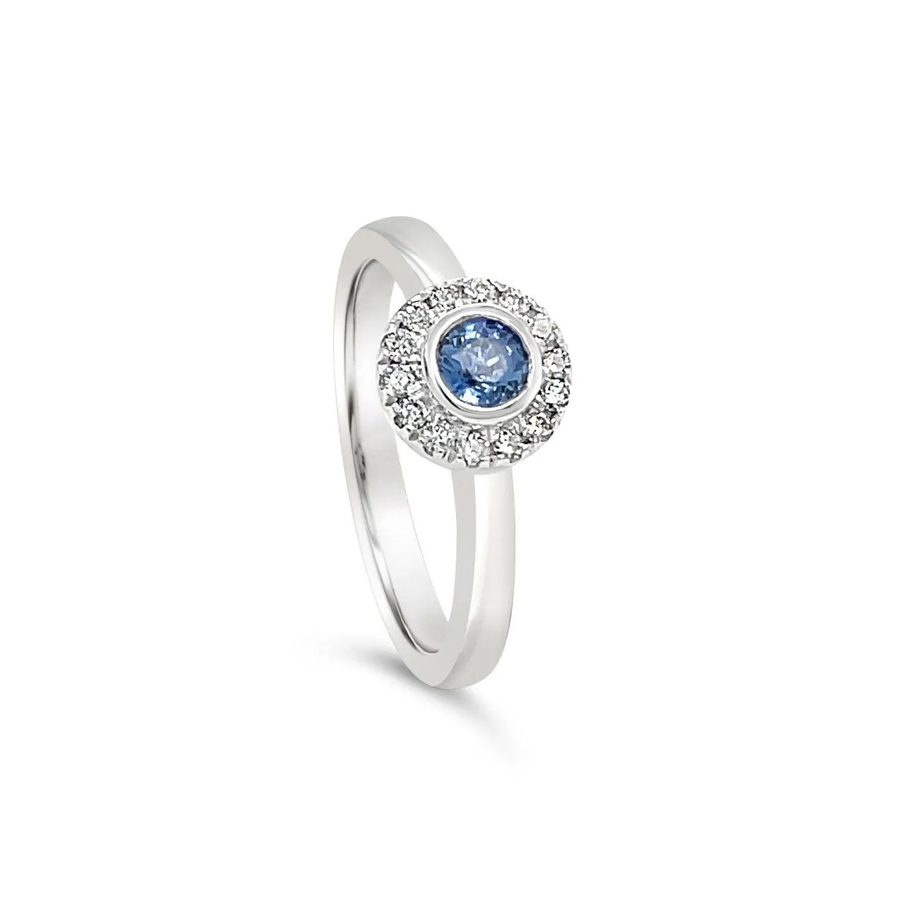 9k White Gold Bezel Set Sapphire & Diamond Halo Ring