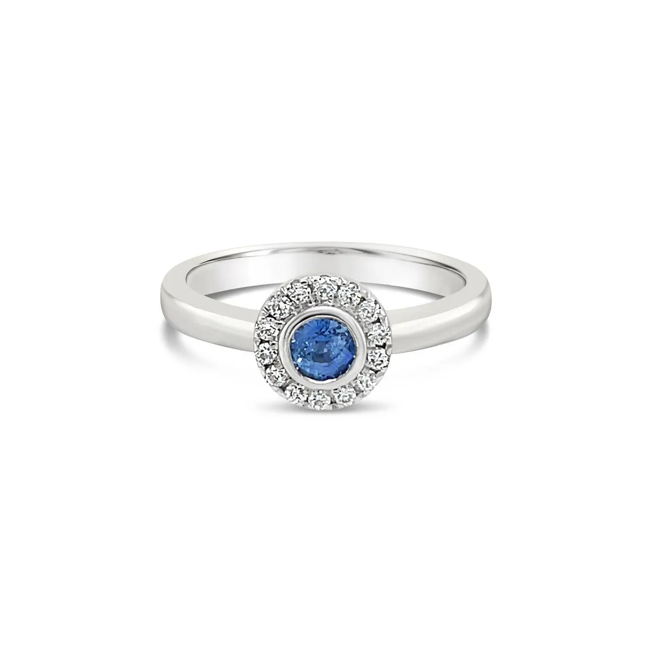 9k White Gold Bezel Set Sapphire & Diamond Halo Ring