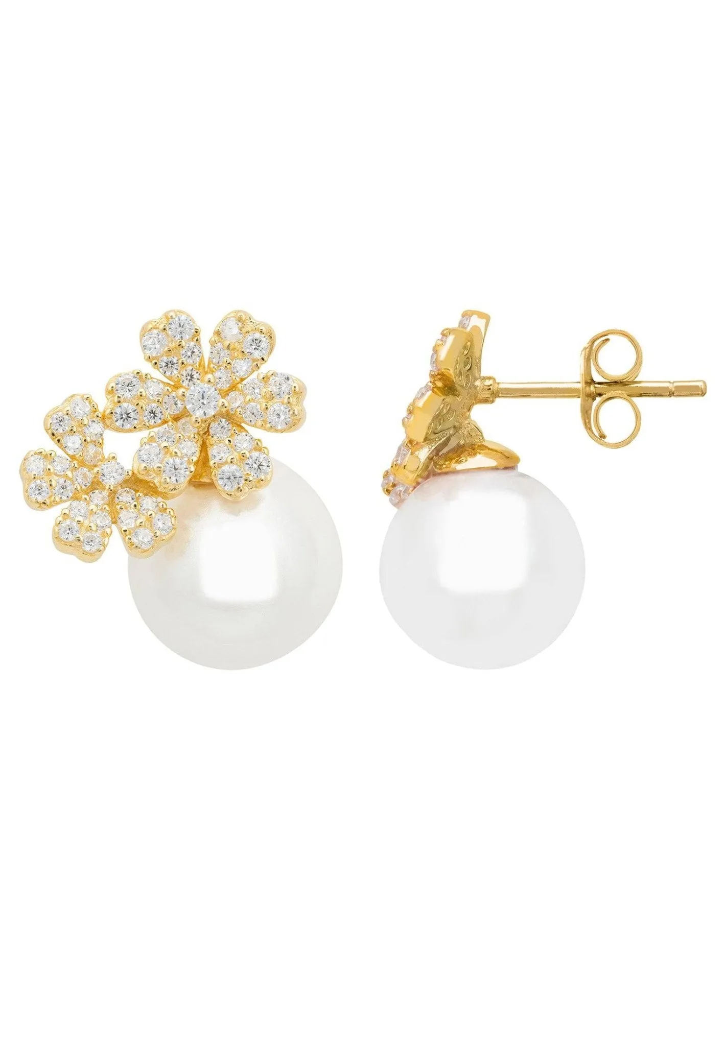 Bouquet and Pearl Stud Earrings in Gold