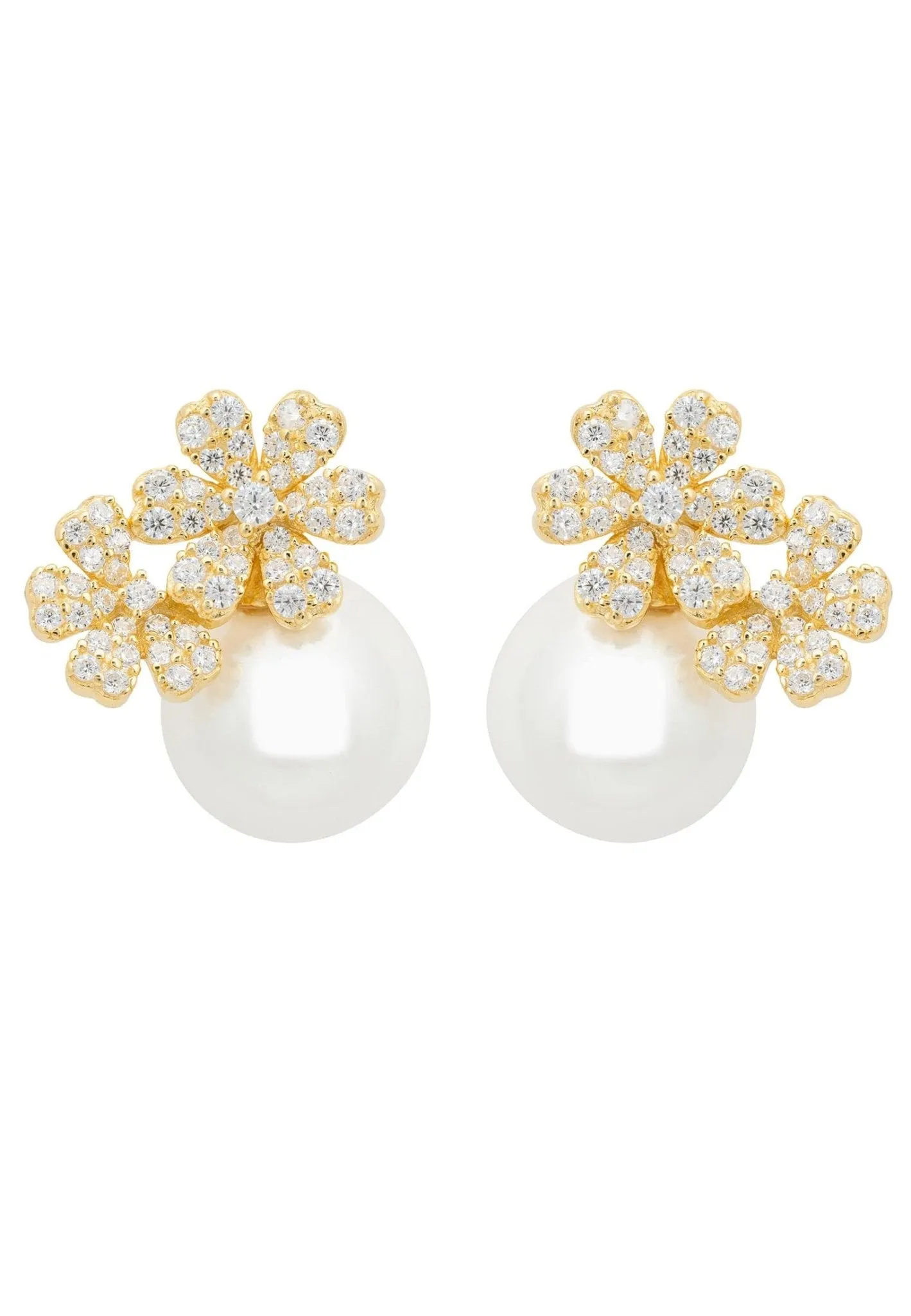 Bouquet and Pearl Stud Earrings in Gold
