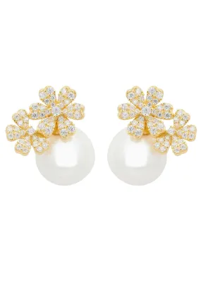 Bouquet and Pearl Stud Earrings in Gold