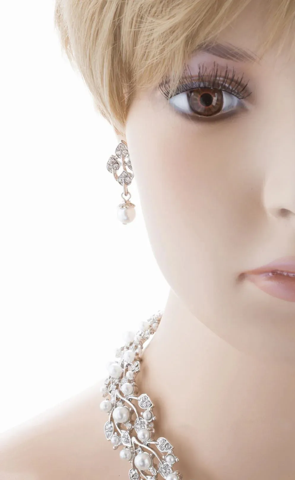Bridal Wedding Jewelry Set Rhinestone Pearl Leaf White