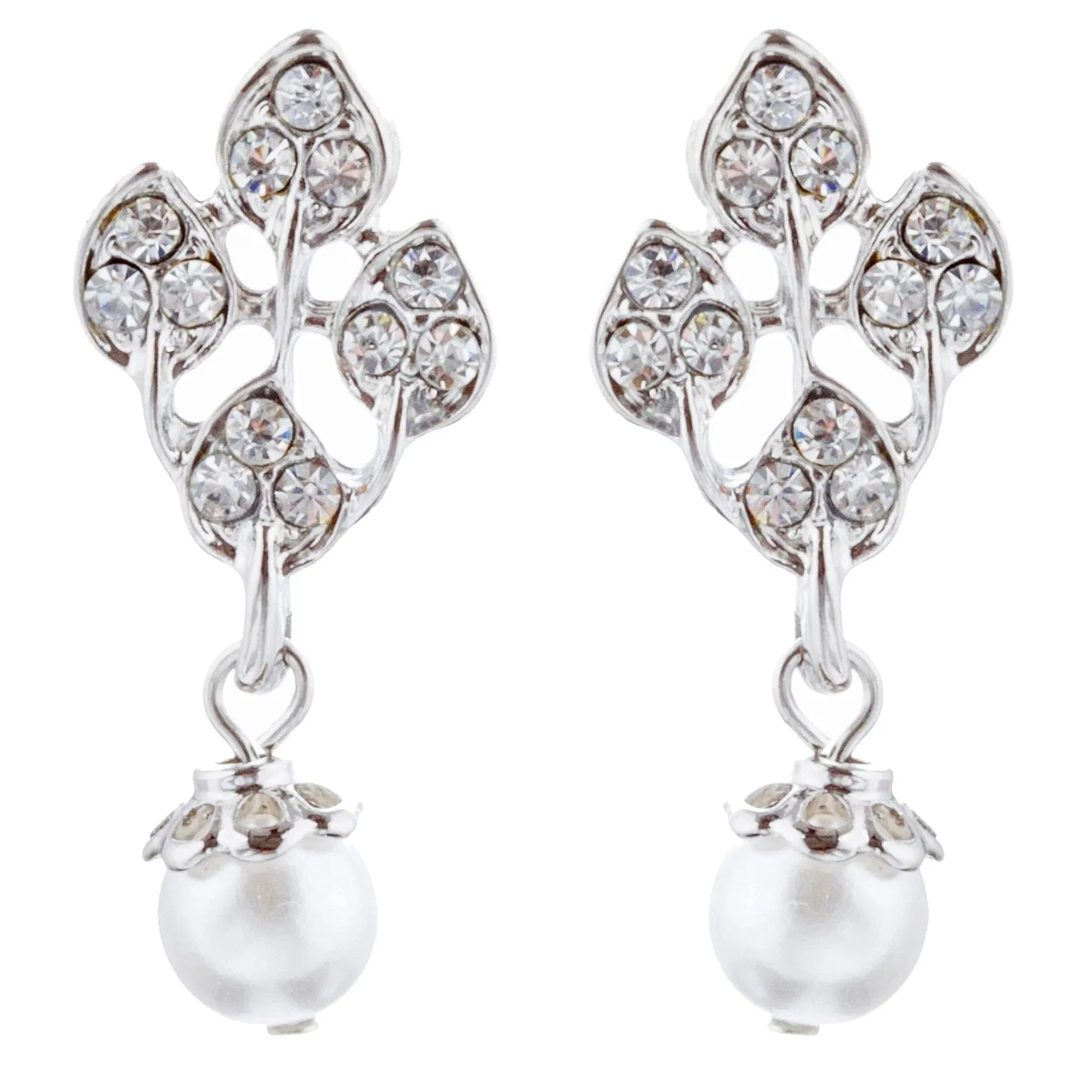 Bridal Wedding Jewelry Set Rhinestone Pearl Leaf White