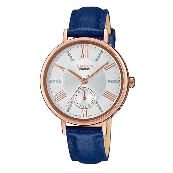 Casio Sheen Multi-Hand Series with Swarovski Crystals Blue Genuine Leather Band Watch SHE3066PGL-7ASHE-3066PGL-7A