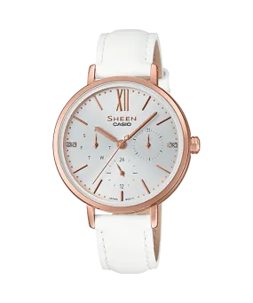 Casio Sheen Multi-Hand with Swarovski Crystals WhiteLeather Strap Watch SHE3064PGL-7A SHE-3064PGL-7A