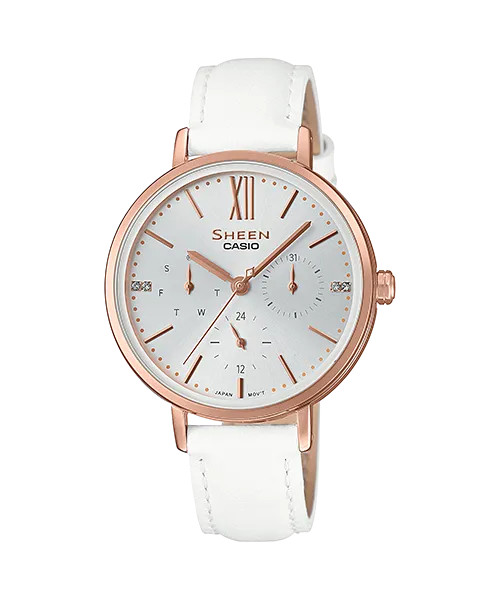 Casio Sheen Multi-Hand with Swarovski Crystals WhiteLeather Strap Watch SHE3064PGL-7A SHE-3064PGL-7A