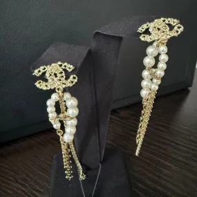 Chanel Coco Pearl Dangling Post Earrings Gold Earrings