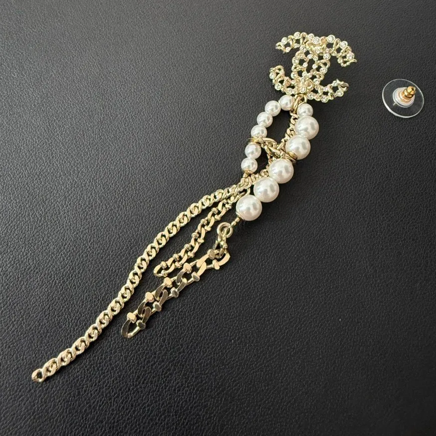 Chanel Coco Pearl Dangling Post Earrings Gold Earrings