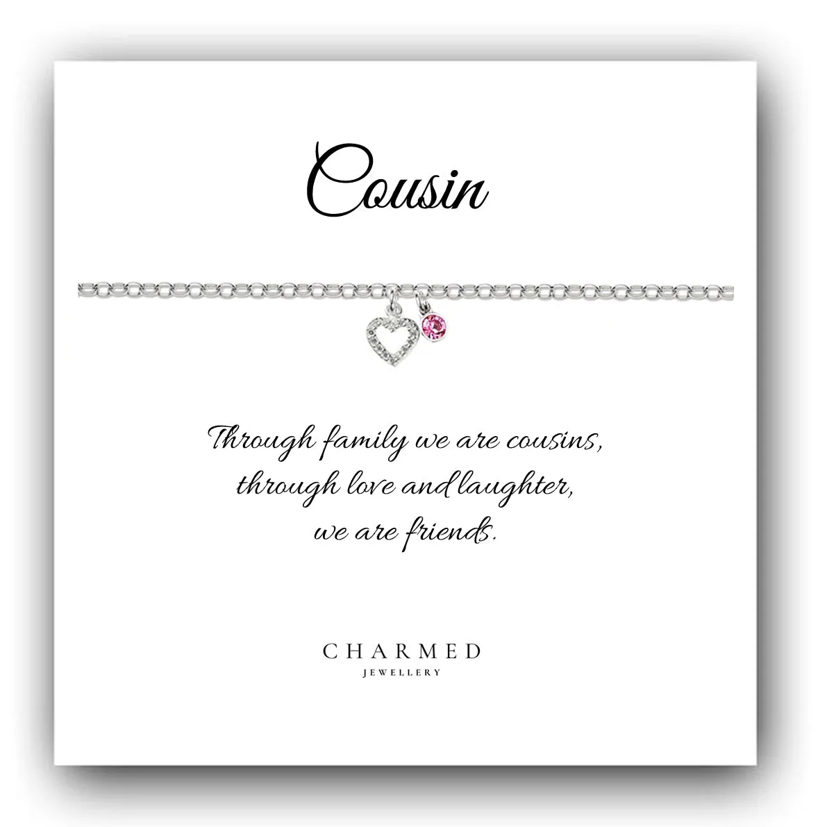 Cousin CZ Heart Bracelet with Birthstone in Sterling Silver 925, Personalised Jewellery Gift
