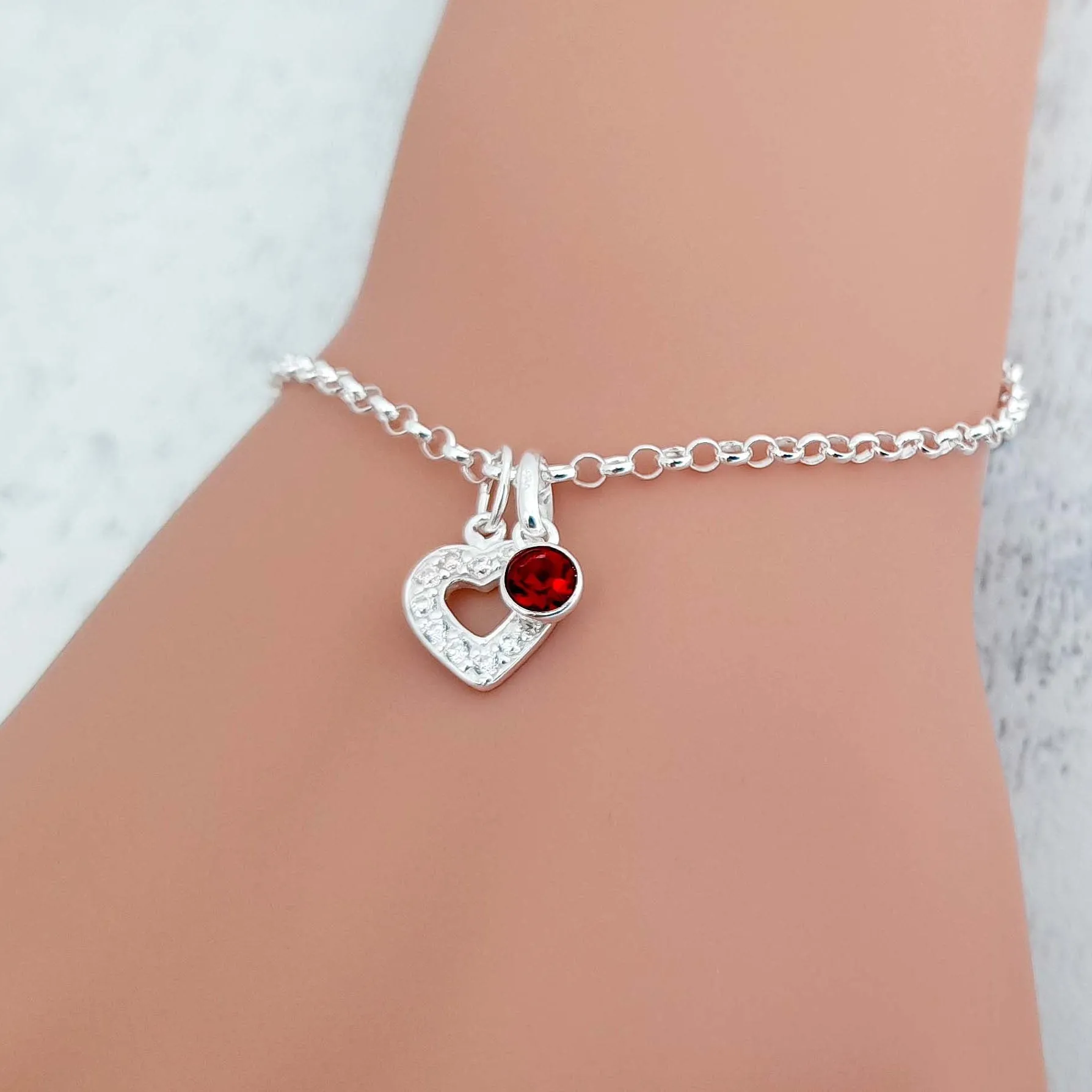 Cousin CZ Heart Bracelet with Birthstone in Sterling Silver 925, Personalised Jewellery Gift