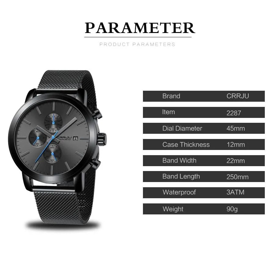 CRRJU Mens Stylish Casual Quartz Watches for Men Luxury Waterproof Calendar Chronograph Japan Movement Wristwatches