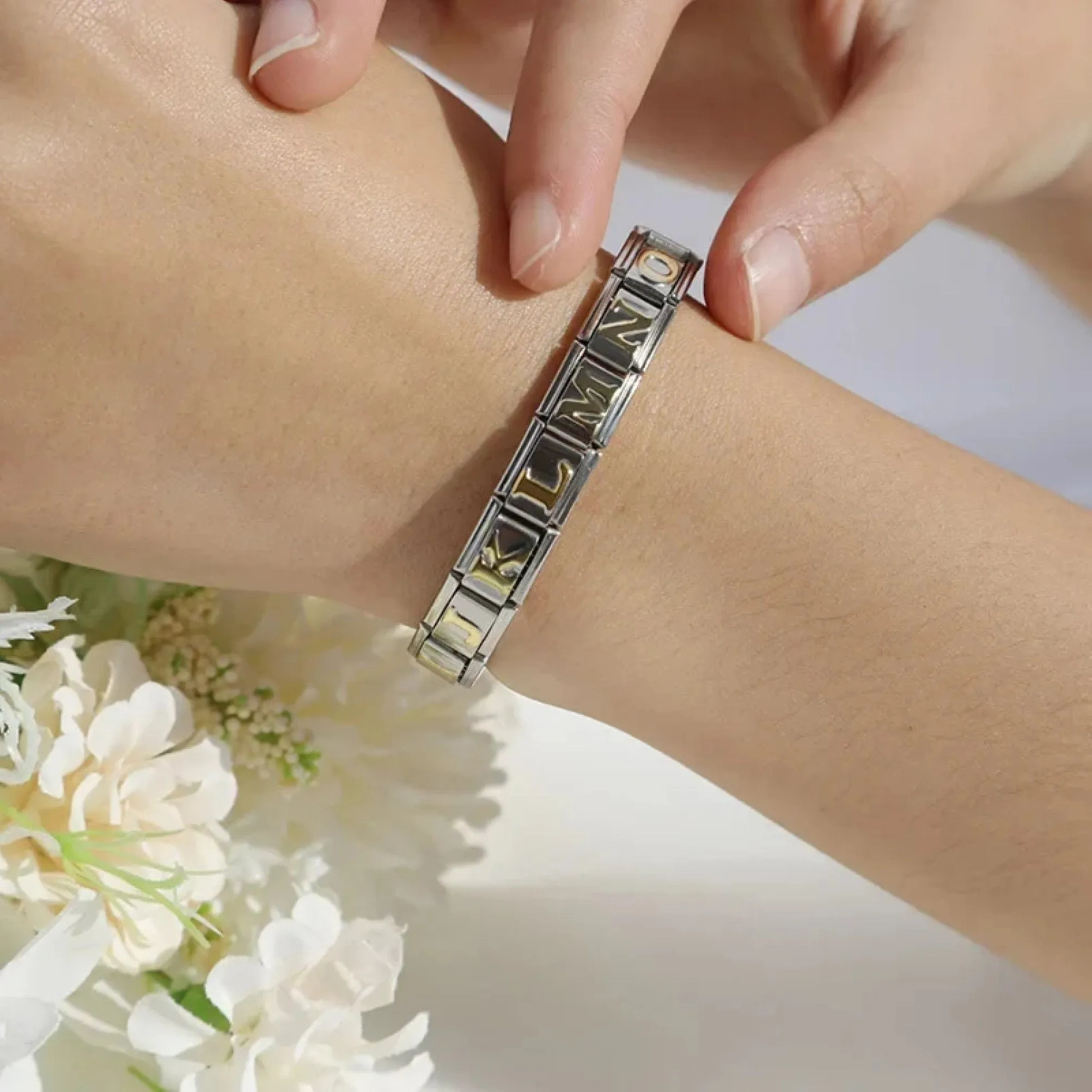 Customizable 9mm Italian Charm Bracelet Links with Gold Letters - Elegant Gift for Her