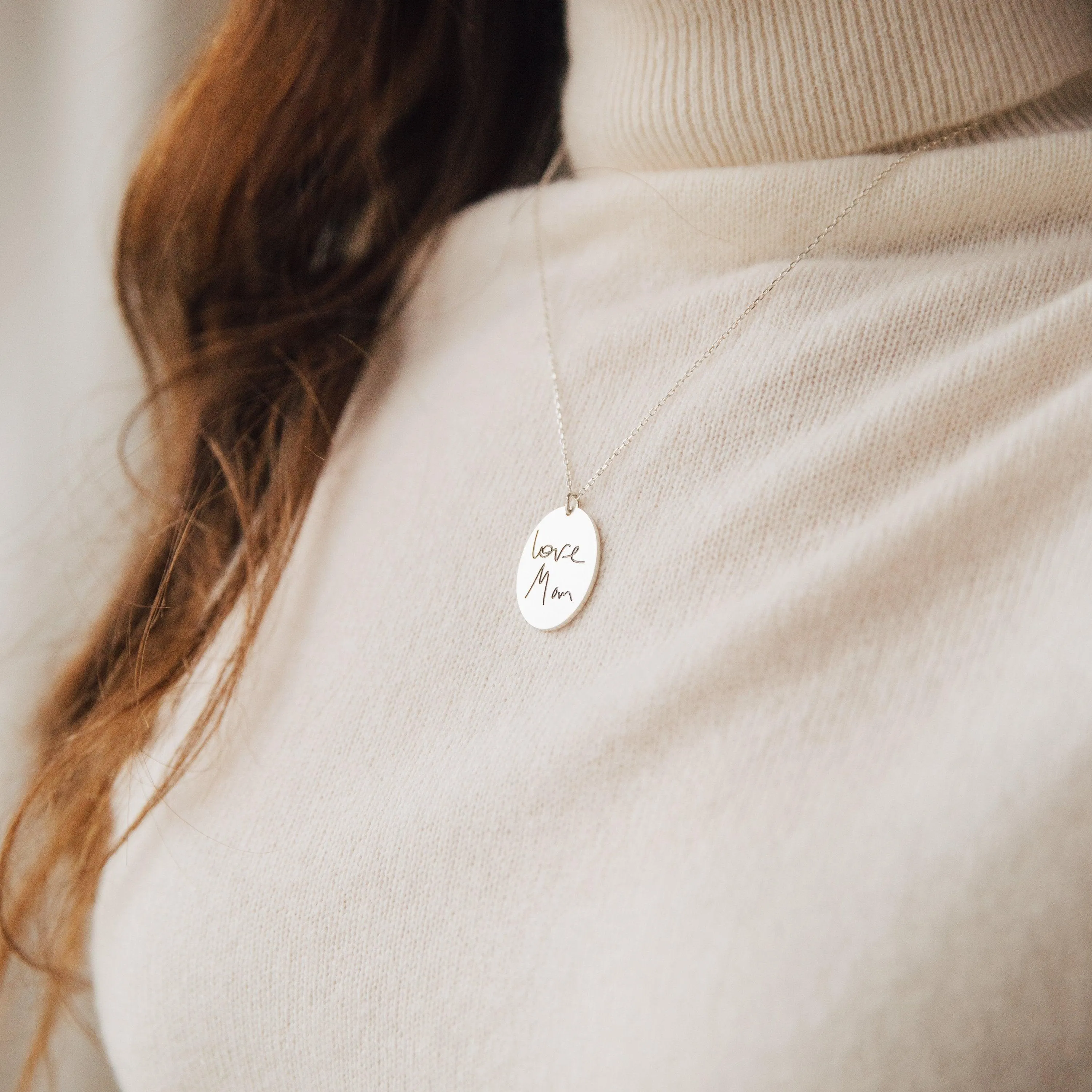 Customized Oval Fingerprint Necklace With Custom Handwriting Text