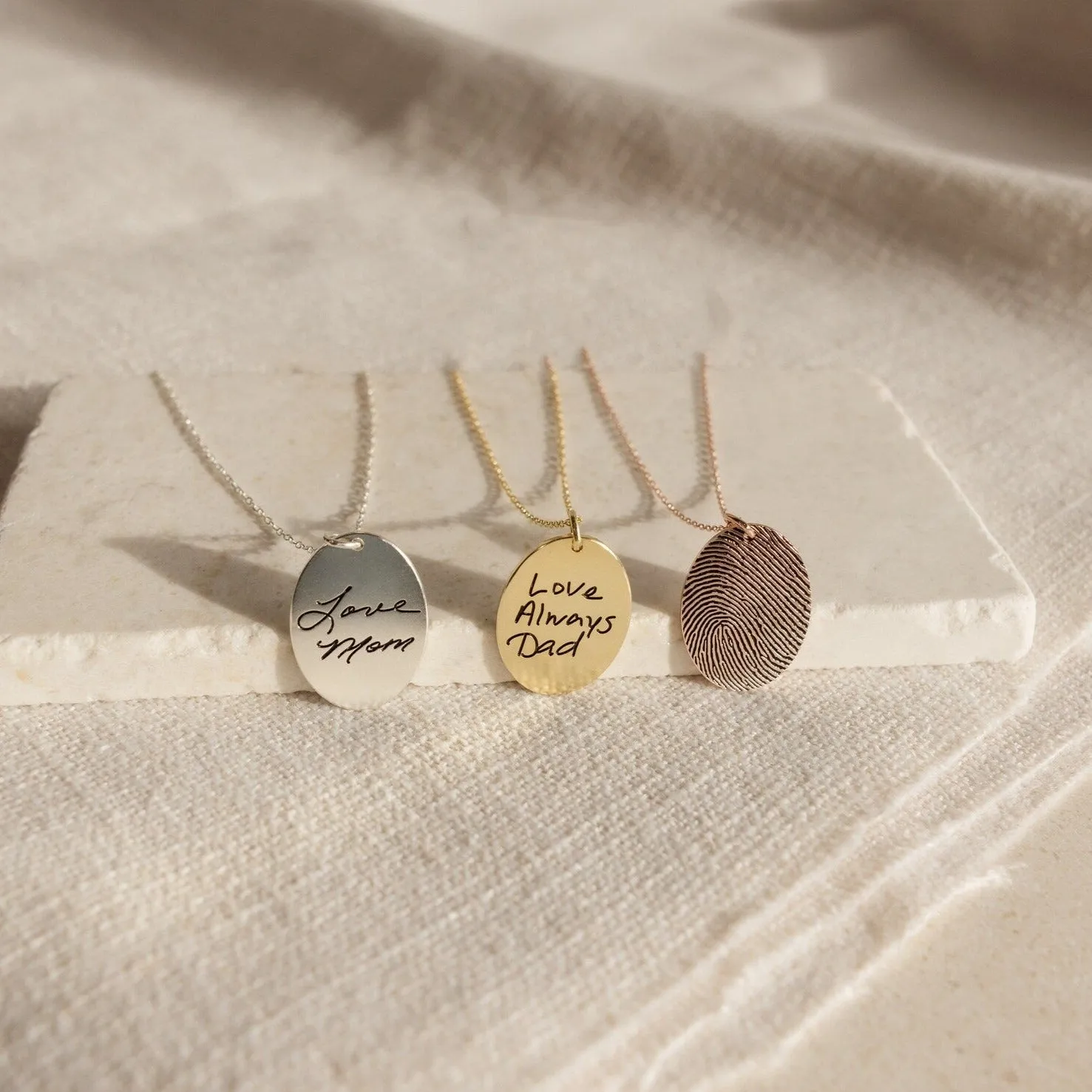 Customized Oval Fingerprint Necklace With Custom Handwriting Text