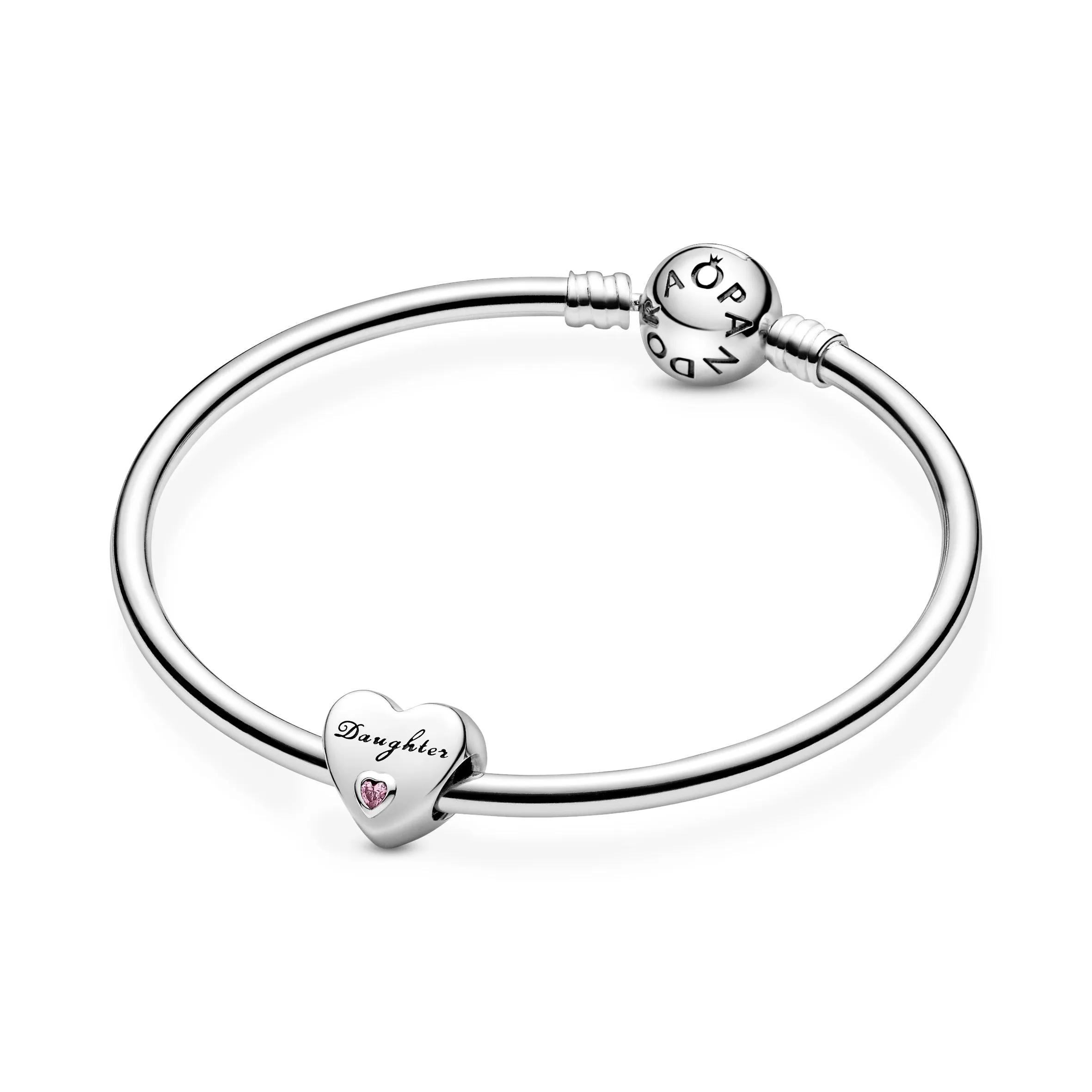 Daughter heart silver charm with pink cubic zirconia