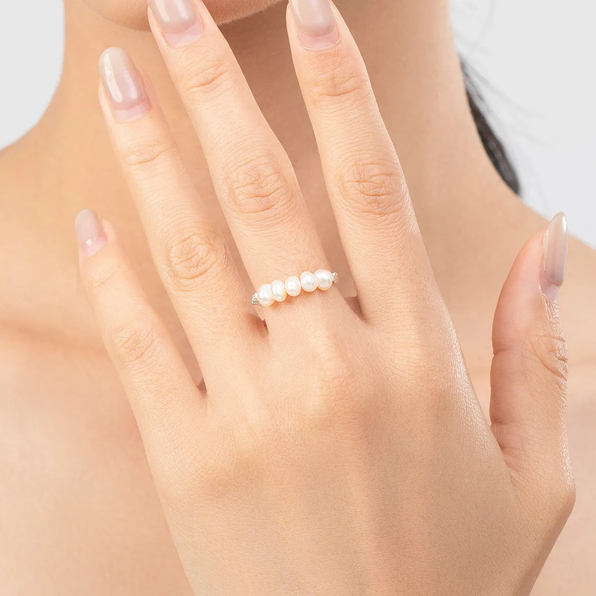 Elegant Adjustable Sterling Silver Ring with Natural Pearl and Zircon Embellishments