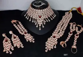 Elegant Silver Polish Bridal Jewelry Set with Choker, Necklace, and Accessories (Maroon)