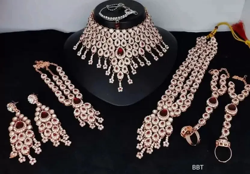 Elegant Silver Polish Bridal Jewelry Set with Choker, Necklace, and Accessories (Maroon)