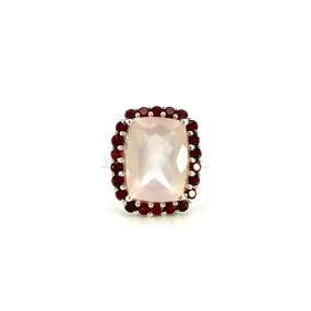 Estate Sterling Silver Cushion Rose Quartz & Garnet Halo Ring