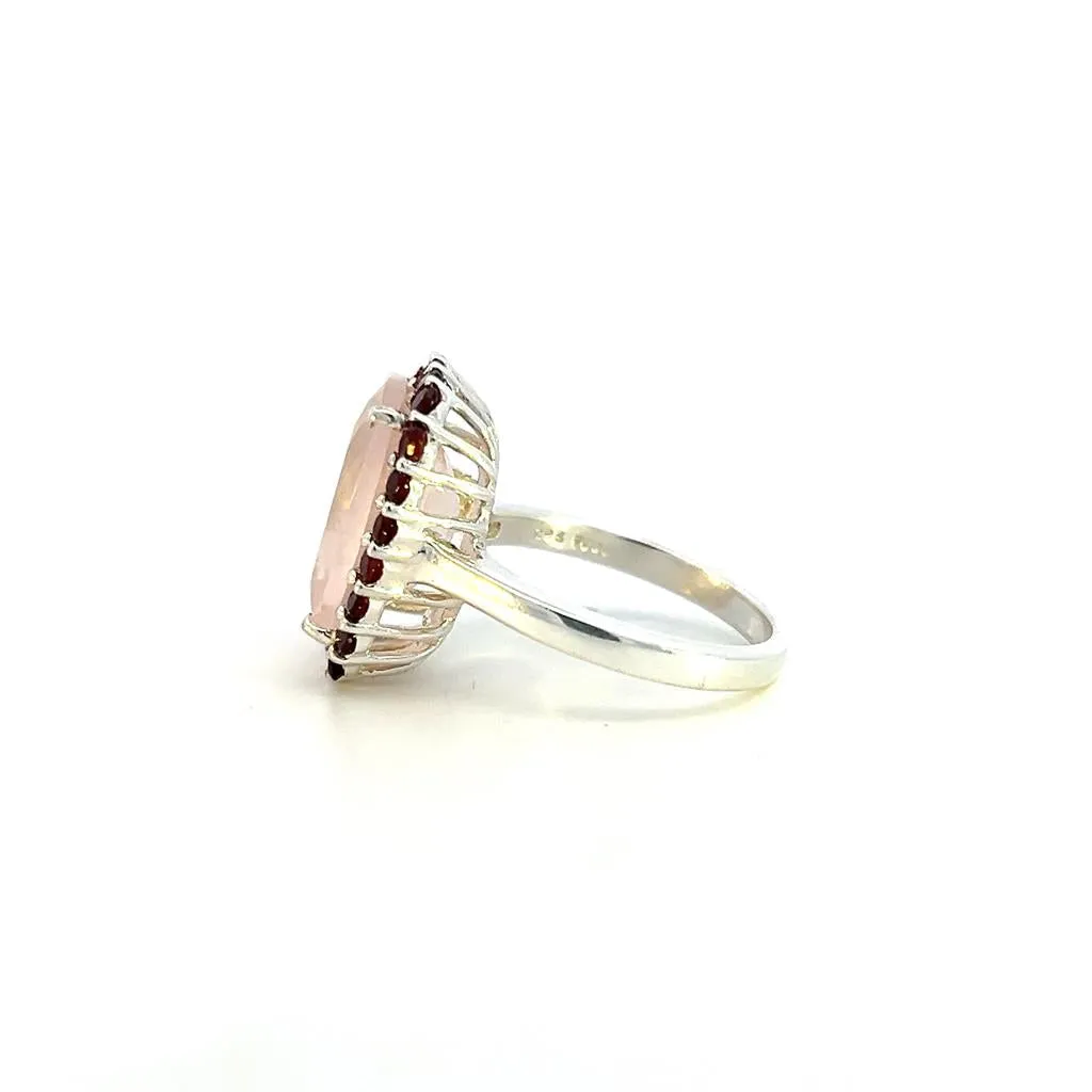 Estate Sterling Silver Cushion Rose Quartz & Garnet Halo Ring