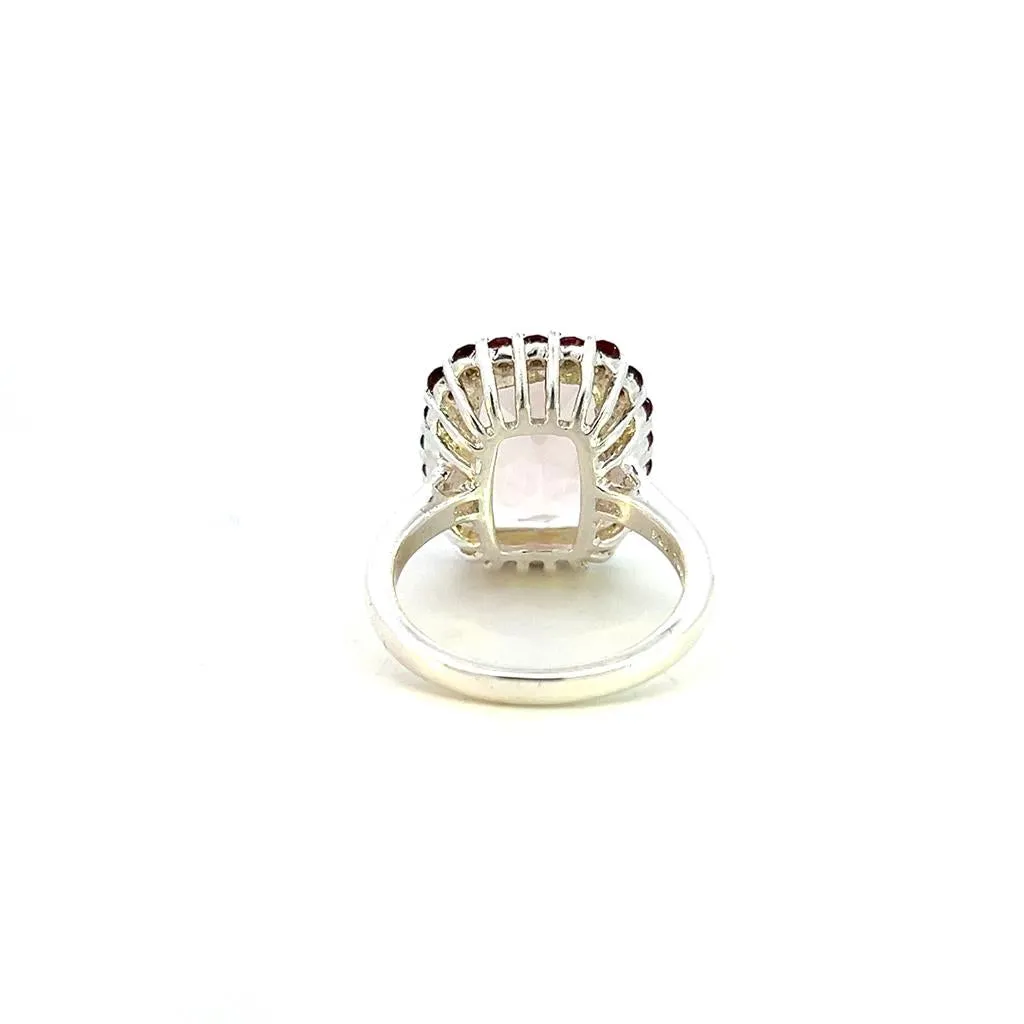 Estate Sterling Silver Cushion Rose Quartz & Garnet Halo Ring
