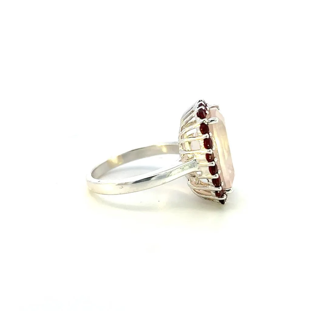 Estate Sterling Silver Cushion Rose Quartz & Garnet Halo Ring
