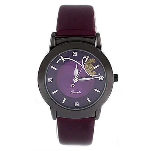 Fashion Women Lady Faux Leather Butterfly Rhinestone Dial Dress Wrist Watch
