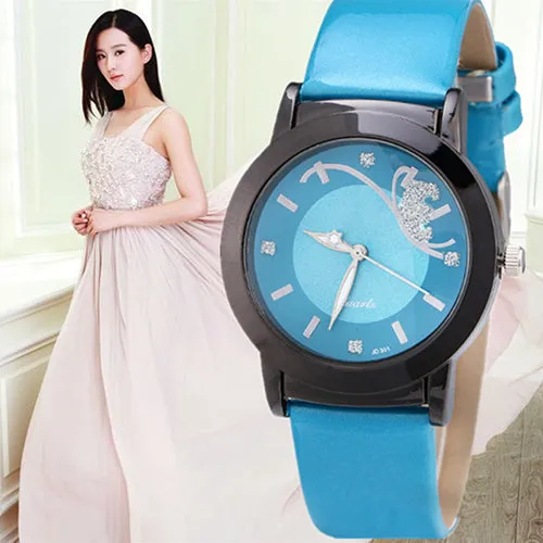 Fashion Women Lady Faux Leather Butterfly Rhinestone Dial Dress Wrist Watch