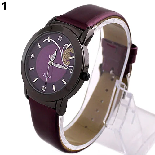 Fashion Women Lady Faux Leather Butterfly Rhinestone Dial Dress Wrist Watch